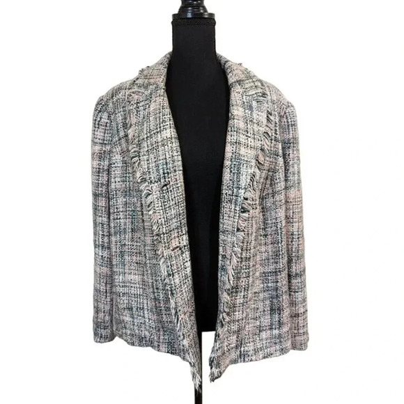 Tara Jones Tweed Blazer Fringe Edges Pink Gray White Black Plaid 18 - Picture 2 of 8